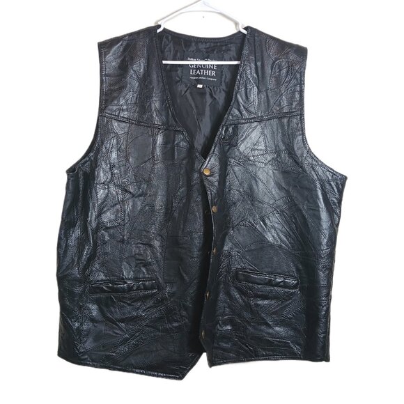 Navarre Leather Vest Mens 3XL Black Patchwork Stitch Biker Cowboy Moto 80s Rock - Picture 1 of 5